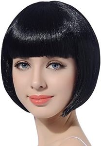 FREE BEAUTY Black Short Bob Flapper Cosplay Wig-Synthetic Costume Women's Natural Looking Halloween Party Christmas Bangs Wigs