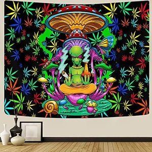 Trippy Weed Cool Alien Tapestry for Mens, Funny Alien Psychedelic Mushroom Tapestry Cannabis Marijuana Leaf Aesthetic Stoner Tapestries, Hippie Boho Small Tapestry Wall Hanging for Bedroom (80X60)