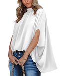 BTFBM Women Mock Neck Batwing Short Sleeve Summer Tops 2024 Spring Loose High Low Hem Casual Oversize Blouses Shirts Top, Solid White, Large