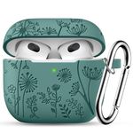 Ouwegaga Flower Engraved Case for Airpods 3rd Generation Case, Soft Silicone Shockproof Protective Cover Compatible with Apple Airpods 3 Case Cover 2021, with Carabiner [Front LED Visible], Pinegreen