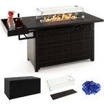 Tangkula Patio Propane Fire Pit Table, 52 Inch Wicker Gas Fire Pit with Wind Guard & Extended Shelf, 50,000 BTU Heat Output, Rectangular Fire Table with Blue Fire Stone & Waterproof Cover (Brown)