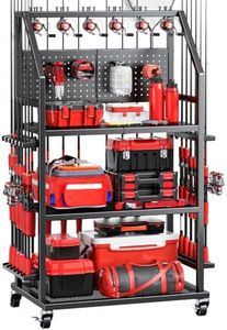 Planimar Large Fishing Pole Holders with Wheels for Garage,3 Tier Heavy Duty Metal Fishing Organizer Stand storage 20 Fishing Rod with 4 Hooks and Pegboard for Gear and Equipment Accessories