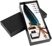 BELLE VOUS 8 Piece Calligraphy Blue Feather Pen Set with Holder, Ink Bottle and Nibs - Ink Dip Quill Feather Writing Pen with Black Ink, 5 Assorted Nibs & Holder - Ideal for Beginners and Adults