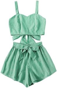 SweatyRocks Women's 2 Piece Outfits Summer Sleeveless Tie Back Crop Cami Top and Shorts Set Green X-Large