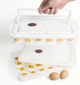 77L Deviled Egg Containers with Lid, (Set of 2), Plastic Deviled Egg Carrier with Handle for 48 Eggs, Clear Storage Devil Egg Platter, Fridge Portable Egg Tray, Perfect for Picnic and Party (White)