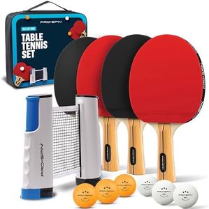 PRO-SPIN Portable Ping Pong Set with Retractable Ping Pong Net for Any Table, All-in-One Table Tennis Set with Ping Pong Paddles, Balls & Case, Table Top Family Game (Red, 4-Player Set)