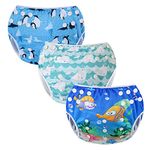 Codkkre Swimming Nappy Reusable Swim Baby Nappies Adjustable Size Washable Pack of 3 Nappies for Swimming Lessons 0-3 Years(Penguin+Whale+Fish)