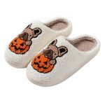 bolukets Halloween Pumpkin Slippers for Women Men Winter Plush Warm Spooky Lantern Slides Fuzzy House Shoes for Indoor Outdoor White Dog Pumpkin 40-41