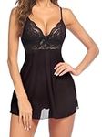 Avidlove Sexy Lingerie for Women Lace Babydoll Negligee V-Neck Mesh Chemise Nightdress Elegant Teddy Sleepwear Set with Thong Black M