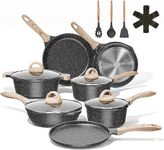 JEETEE Pots and Pans Set Nonstick Induction Cookware Sets, 19 Pcs w/Frying Pan, Saucepan, Sauté Pan, Griddle Pan, PFOA Free (Grey, Granite)