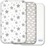 Next to Me Crib Sheets - 3pc Crib Fitted Sheet Set - 2 Fitted Cotton Sheets and 1 Waterproof Mattress Protector for Bedside Cribs - 100% Organic Cotton - Made in Europe (Grey Stars&Clouds, 83x50cm)