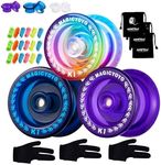 Kids Yoyo K1 Crystal, Pack of 3 Responsive Yoyos for Kids Beginners, Tricks Yoyo K1 for Finger Spin Tricks + 3 Yoyo Bags + 18 Yoyo Strings + 3 Yoyo Gloves - Blue +Purple +Blue Pink Yellow