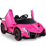TEOAYEAH 12V Kids Ride on Car, Licensed Lamborghini Veneno Roadster w/Parent Control, 12V7Ah Battery Powered Electric Car Ride on Toys, Electric Vehicles w/Hydraulic Doors, Rocking Mode, Music, Pink