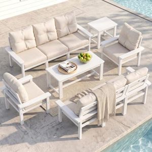 AreShark HDPE Patio Conversation Sets, 10 Pcs, White Frame & Beige Cushions