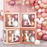 Baby Boxes with Letters for Baby Shower - Baby Shower Box Set of 45 pcs, 33 Rose Gold Balloons, 4 Clear Blocks, 8 Letters - Gender Reveal Decorations