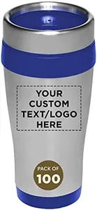 Custom Insulated Stainless Steel Travel Mugs 16 oz. Set of 100, Personalized Bulk Pack - Perfect for Coffee, Soda, Other Hot & Cold Beverages - Blue