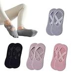 NPQ 4 Pairs Non Slip Yoga Socks,Pilates Socks with Straps,Cotton Five Toe Grip Socks for Pilates Ballet Barre Barefoot Workout Dance Sweat Absorption Fitness Home Workout