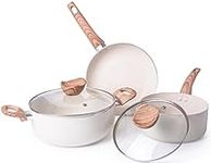 Non Stick Pots and Pans Set – Induction Hob Pots Set – 5pcs Kitchen Cookware with Lids – Cooking Cream Granite Saucepan Pots and Frying Pans – by Nuovva