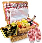 Upgraded 4 Person XL Picnic Basket - Insulated Wicker Hamper - Dishwasher Safe Plates, Wine Glasses, Flatware Set and Napkins