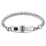 MOWOM Medical Alert Bracelet Custom Engraved Allergy Life Identification Name ID for Men Women Stainless Steel Link Chain (Style01 - Silver Plain Tag & Silver Wheat Chain)