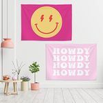 2 Pack Smile Face and Howdy Tapestry 60 x 40 Inch Cute Aesthetic Preppy Room Decor Wall Hanging Preppy Tapestry for Girls Teen Kids Room Bedroom Wall Art Dorm College Decorations (Pink)