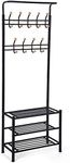 SONGMICS Coat Stand with 3 Shoe Racks with 18 Hooks Tube Diameter 32 mm, Metal, Black, 68.8 x 35.2 x 187 cm