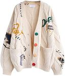 Women's Cute Cable Knit Open Front Cardigan Kawaii Long Sleeve Button Embroidered Sweater Coat Outwear, Beige, Medium