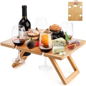 Youeon Portable Wine Picnic Table with 5 Wine Glasses Holder Foldable Champagne Picnic Snack Table Wooden Wine and Snack Table for Picnic Outdoor, Camping, Park, Beach, Indoor, Wine Lover Gift