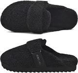 ONCAI Womens Fluff Slippers,Cute Sherpa Faux Fur Scuff Garden Slip on House Slippers with Polar Fleece Lining Memory Foam Footbed and Indoor/Outdoor Rubber Hard Soles Black US Size 10