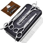 CIICII Dog Grooming Scissors Kit, 7.5 Inch Professional Pet Grooming Scissors Set with Safety Round Tip (Dog/Cat Hair Thinning Trimming Cutting Shears with Curved Scissors) for DIY Home Salon (Silver)