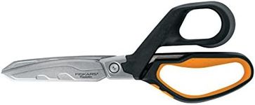 Fiskars PowerArc 8" Shop Shears, Heavy Duty Serrated Stainless Steel Scissors with Comfort Grip, Hardware Tool for Construction, Cut Materials like Insulation, Duct Tape, Cardboard, Rope and Tyvek