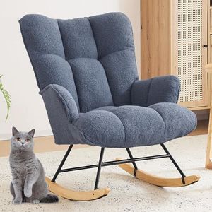 Zedachica Nursery Rocking Chair Teddy Upholstered Glider Rocker Rocking Accent Chair with High Backrest Comfy Armchair with Padded Seat Soft Side Chair for Living Room Bedroom Office (Dark Blue Teddy)