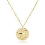 Zodiac Coin Embossed Choker Necklace Disc 12 Constellation Astrology Horoscope 14K Gold Plated Round Pendant Personalized Necklace Gift for Women Men, Brass, No Gemstone