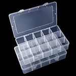 Benbilry 2 Pack 15 Grids Clear Storage Containers Plastic Organizer Box Craft Storage Boxes with Adjustable Dividers for Beads Organizer Art DIY Fishing Tackles Jewelry Crafts