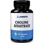 Choline Supplement 700mg - 150 Capsules - 5 Months Supply - High Strength Choline Bitartrate, Easy to Swallow | Supports Fat Metabolism, Brain Health & Liver Function | Ambervit