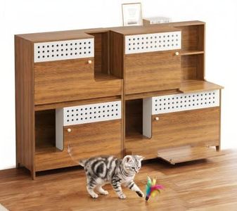 Cat Litter Box Enclosure Side Table, Modern Cat House with Storage, 2-Piece Cat Furniture Set for Indoor Living Room