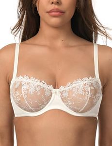 Wingslove Women's Sexy Lace Bra Demi Sheer Mesh Balconette See Through Bralette Unlined Underwire Embroidered (Ivory,36DDD)