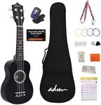 ADM Soprano Ukulele Set for Kids and Beginners, Ukulele Starter Kit with Bag, Clip-On Tuner, Rainbow Strings, Colourful Strap, Plectrum, Fingerboard Sticker, Chord Card (Matte Black)