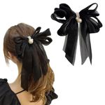 RedChimes Korean Large Hair Silky Pearl Bow Tassel Clips with Strong Metal Fancy Barrettes Clip Large Vintage Bowknot Hair Accessories For Women and Girls Multicolor (Black Pack Of 1, Large)