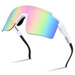 FEISEDY Cycling Sunglasses for Men Women UV400 Protection Outdoor Sports Running Hiking Fishing Biking Glasses B2837, White Frame & Rainbow Mirror