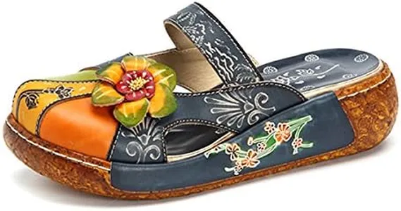DBECK Clogs for Women Sandals Summer Leather Slippers Slip on Mules Flat Sandals Outdoor Anti Slip Platform Sandals Shoes Platform Colorful Handmade Flower Backless Loafer Shoes Blue