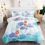 Blue Ocean Comforter Set for Kids and Adults, Twin Size Coral Seashell Sailboat Bedding Quilt Bedspreads with 2 Starfish Conch Patterned Pillowcases - 68" x 86" (Twin, Blue)