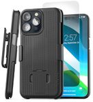 Encased DuraClip Designed for iPhone 15 Pro Case with Belt Clip Phone Holster and Tempered Glass Screen Protector (iP15-PRO 6.1") Matte Black