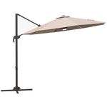 Outsunny 10ft Cantilever Patio Umbrella with LED Lights, 360° Rotating Outdoor Offset Parasol, Tilting Sun Umbrella with Crank, Cross Base for Garden, Deck, Pool, Khaki