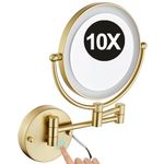 8 Inch Double Sided 1X/10X Magnifying Wall Mounted Makeup Vanity Mirror with LED Lights & Stepless Dimming, 360° Swivel Extendable Cosmetic Mirror, Bathroom HD Shaving Mirror,Brushed Gold,Hardwired