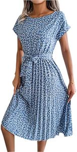 Qiyun.z Femmes Casual Rayé Floral Col Rond Robe avec Ceinture À Manches Courtes D'été Plage Swing Robe Bleu Clair XL