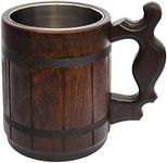 Handmade Beer Mug Oak Wood Stainless Steel Cup Carved Natural Beer Stein Old-Fashioned Brown - Wood Carving Beer Mug of Wood, Wooden Beer Tankard for Men Capacity: 20oz (600ml) - Great Beer Gift Idea