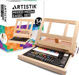 Mixed Media Art Set - Complete Easel Painting Kit with Wood Desk Top Easel Box Includes Acrylic Paints, 3 Canvas Boards, Oil Pastels, Desktop Art Supplies Gift for Beginner Artists, Adults