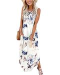 WNEEDU Women's Maxi Dresses 2024 Summer Sleeveless Dress Casual Cover up Loose Sundresses Split Tshirt Dresses with Pockets, Floral White XL