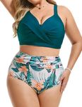 Hanna Nikole Women's Plus Size Bikini Set 2 Piece High Waisted Swimsuit Bathing Suit Green Leaves 24 Plus